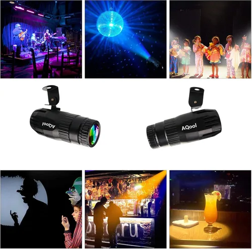Vista 6 de Luz Pinspot, AQool Mini Foco de Bola de Espejo de 15W, Luces Pinspot de Haz LED RGBW Súper Brillante, Iluminación de Escenario con Control Remoto