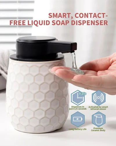 Vista 4 de Dispensador automático de jabón, dispensador de jabón líquido sin contacto 13 oz/13.0 fl oz, dispensador de cerámica blanco baño cocina
