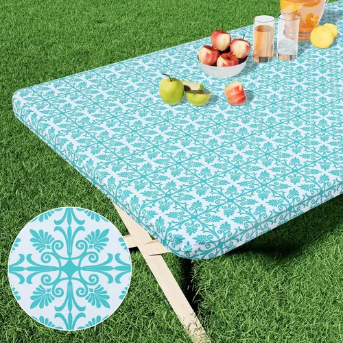 Vista 15 de Misaya - Mantel de vinilo rectangular, mantel elástico con respaldo de franela, 100% impermeable, cubierta de plástico para mesas plegables de 4