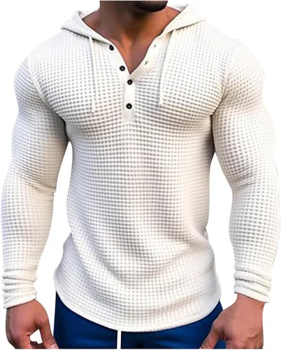 Vista 7 de Sudaderas con capucha para hombre, casuales, de manga larga, con cordón, de punto gofre, sudadera con capucha de ajuste muscular, camisetas
