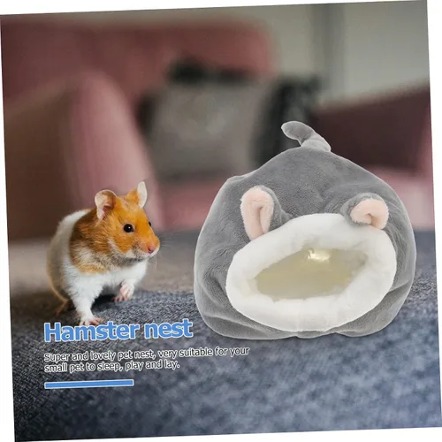 Vista 2 de TEHAUX Mini cama de hámster y casas, mini cueva de algodón para nido de mascotas, bonita cama cálida para hámster (gris)