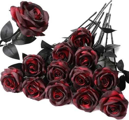 Vista 19 de Hawesome - Ramo de 12 rosas artificiales de seda con tallo largo para decoración del hogar, boda, fiesta (Negro-1)