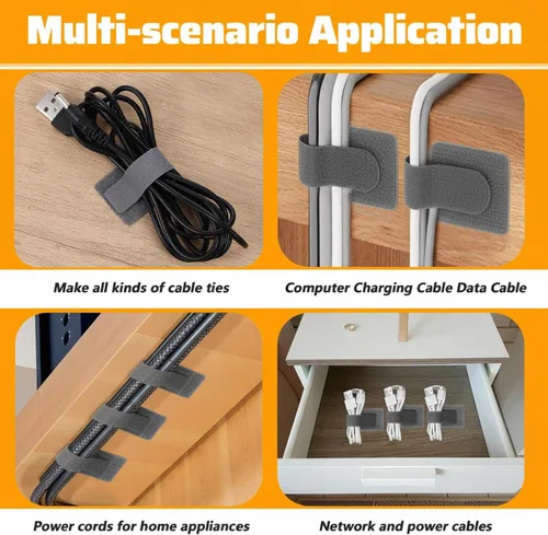 Vista 6 de 100 bridas de gancho y bucle, clips autoadhesivos de gestión de cables, correas ajustables de gancho y bucle, envoltorios de cable, soporte de cable