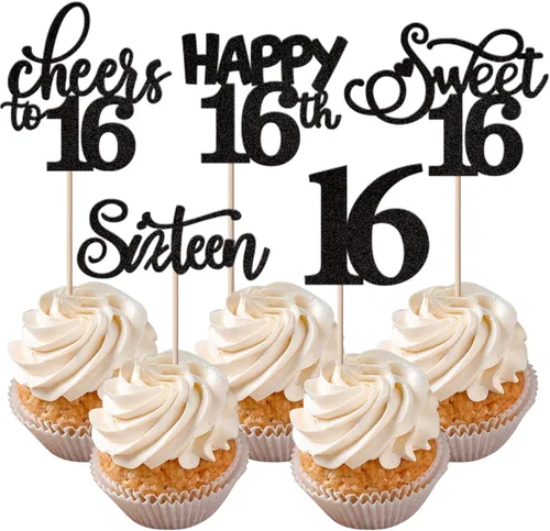 Vista 9 de Rsstarxi Paquete de 30 adornos para cupcakes de 6º cumpleaños con purpurina negra de seis Hello 6 para cupcakes Cheers to 6 años de edad