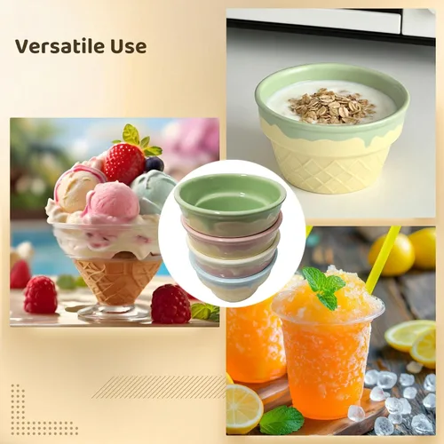 Vista 3 de 4 cuencos con diseño de helado, tazas de postre de cerámica con textura de gofre, cuencos de ramekin multicolor con esmalte fácil de limpiar, 3.9 x
