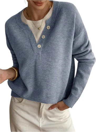 Vista 9 de SOLY HUX Suéteres Pullover para Mujer de Manga Larga con Botones Cuello Redondo 2 en 1 Tops de Punto Holgados Albaricoque puro