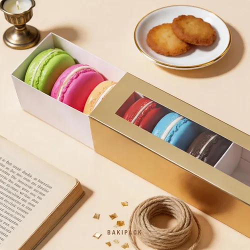 Vista 2 de 25 cajas de macarrones para 6 macarrones, cajas de macarrones dorados con medida interior, 7.3 x 1.9 x 1.9 pulgadas, cajas de regalo de macarons