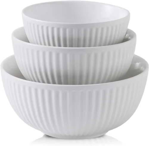 Vista 22 de HASENSE Juego de 3 cuencos pequeños de mezcla, cuencos de porcelana acanalados negros de 1.5/1/0.5 cuartos de galón para cocina, cocción, horneado