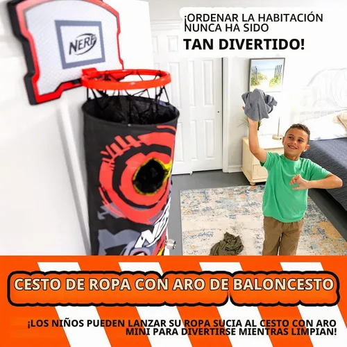 Vista 6 de NERF Cesta de aro de baloncesto – Cesta para ropa sucia sobre la puerta + objetivo de disparo – Mini canasta de aro + juego de baloncesto