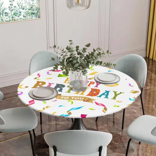 Vista 4 de Mantel redondo ajustable de feliz cumpleaños, con diseño de rayas de colores, diseño de lunares, elástico, impermeable, para interiores