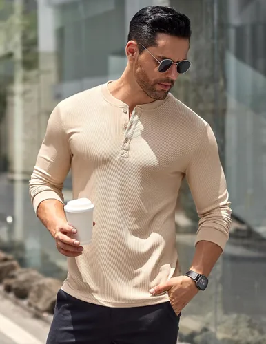 Vista 71 de COOFANDY Camisas Henley de manga larga para hombre, camisetas elásticas acanaladas, camisetas básicas casuales de moda