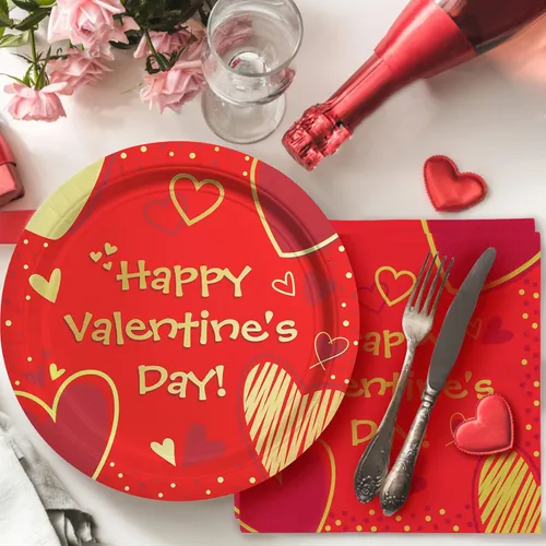 Vista 7 de Suministros para fiesta del día de San Valentín, platos de papel desechables con corazón rojo, servilletas para el día de San Valentín, compromisos