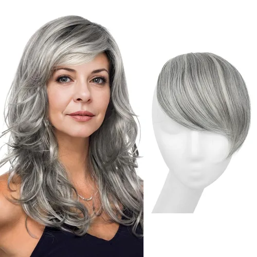 Vista 8 de SARLA Flequillo lateral negro marrón con clip en piezas de cabello sintético, extensión de flequillo recto para mujeres