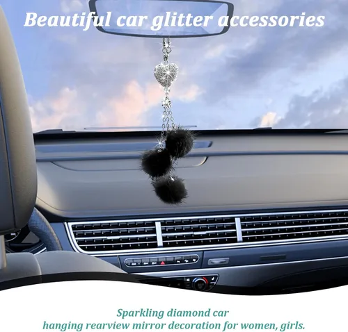 Vista 4 de Ziciner Accesorios de Interior de Coche con Diamantes Brillantes en Forma de Corazón - Adorno Colgante de Corazón y Bola de Felpa Rosa, Encanto