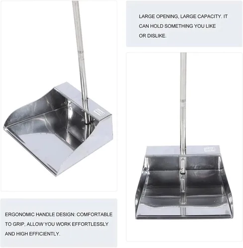 Vista 5 de Sartén para polvo de mango largo – Recogedor de acero inoxidable resistente – Diseño de pie – Herramienta limpia para el hogar, vestíbulo/tienda, A