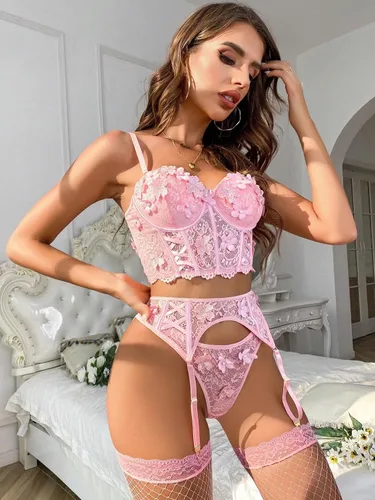Vista 4 de WDIRARA Conjunto de lencería con encaje floral bordado con medias para mujer