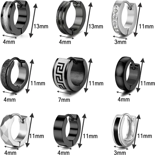 Vista 7 de RIOSO 9Pairs Hoop Earrings for Men Stainless Steel Black Men's Hoop Earring