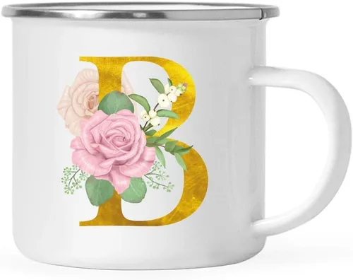Vista 11 de Andaz Press Taza de café de acero inoxidable para niños de 11 onzas, regalo de taza de café de fogata, rosa rubor, monograma de oro sintético, letra