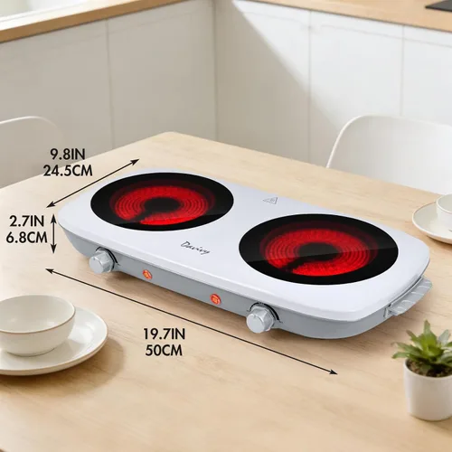 Vista 3 de Davivy Placa eléctrica de doble quemador, estufa eléctrica portátil de 1800 W (2 x 900 W), placa de cocina de 2 quemadores con vidrio de cerámica
