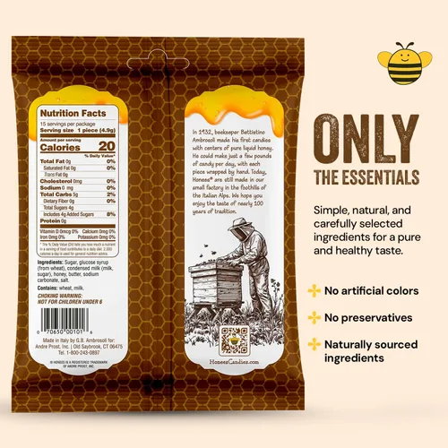 Vista 2 de Honees Caramelos de miel duros envueltos individualmente, dulces naturales y saludables, hechos en italiano con leche y miel pura, 1 paquete