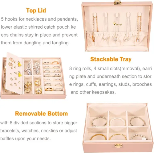 Vista 2 de Voova - Joyero organizador para mujeres y niñas, 2 capas de almacenamiento de joyas grandes para hombres, soporte para joyas de piel sintética