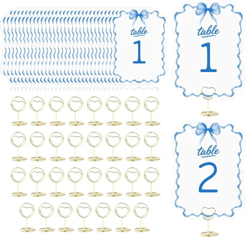 Vista 14 de Tarjetas de números de mesa del 1 al 30 números de mesa de boda azules con soporte, soportes de números de mesa, letreros de mesa de boda a granel