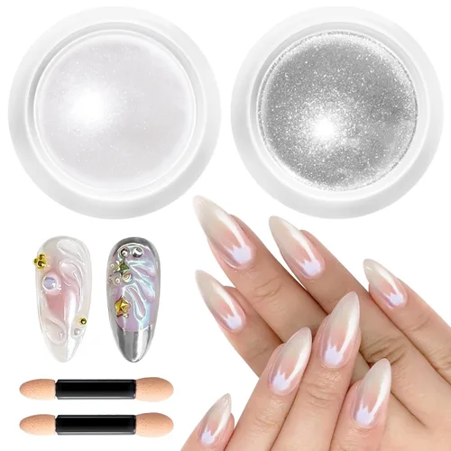 Vista 15 de Kit de polvo de uñas cromado y gel de uñas 3D BISHENGYF: 0.53 oz No Wipe 3D Sculpting Gel Aurora White Pearl Silver Gold Chrome Nail Powder