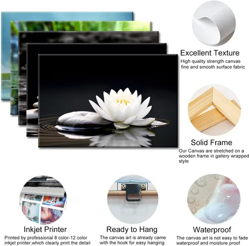 Vista 6 de GLOKAKA Arte de pared de flor de loto blanco zen, loto blanco y negro en piedra de spa y agua, lienzo impreso para yoga, meditación, sala de baño