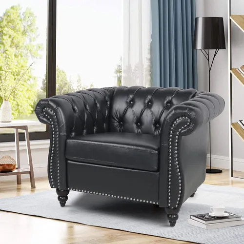 Vista 3 de LEVNARY Sillón Tapizado en Cuero, Silla Sofá Individual Estilo Mediados de Siglo Moderno con Brazos Curvos y Tachuelas, Silla Chesterfield de Cuero