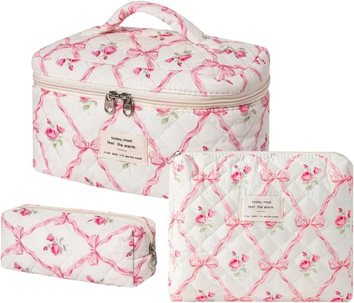 Vista 36 de uekeboag - Bolsa de maquillaje grande de viaje acolchada para mujer, neceser de algodón con estampado floral, neceser con estampado floral