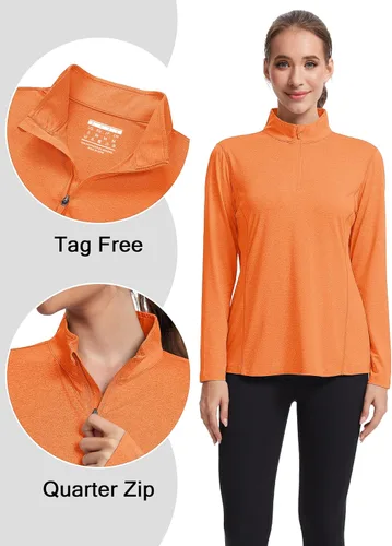 Vista 4 de MAGCOMSEN Camisetas de manga larga para mujer, con cremallera de 14, protección solar UPF 50+, secado rápido, para senderismo, atletismo