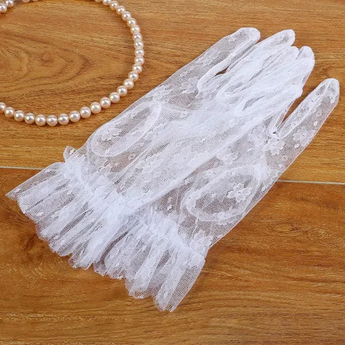 Vista 5 de Ayliss Guantes de encaje para mujer, guantes cortos de boda, elegantes guantes florales de novia de los años 20, ópera, baile, fiesta de té, cosplay