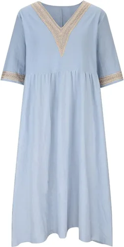 Vista 5 de NaRHbrg Vestido de verano para mujer, casual, estampado floral, vestido midi con botones, cuello en V, manga corta, vestido de verano bohemio