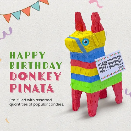 Vista 2 de Bonita piñata de burro de 12 pulgadas prerellena con cantidades variadas de caramelos populares y etiqueta de mensaje adjunta para amigos, familia