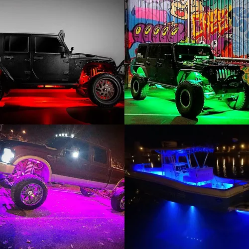 Vista 7 de 4 vainas RGB LED Rock Lights, kit multifunción de neón bajo el brillo del coche luces LED de roca intermitentes modo de música rueda luz debajo
