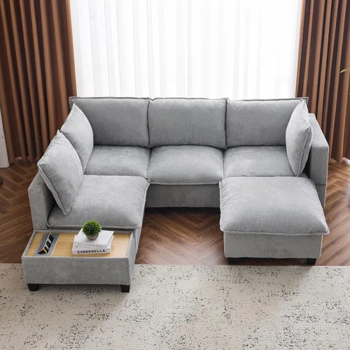 Vista 16 de Sofá seccional de gran tamaño de 142 pulgadas con 2 otomanas y consolas de almacenamiento móviles, sofá modular de felpilla en forma de U de 6