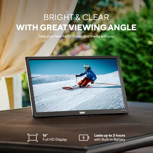 Vista 2 de Tyler TV Monitor LCD Portátil de 16" con Batería Capacidad Inalámbrica HD-TV, HDMI, USB, RCA, AC/DC, Radio FM, Cargador de Coche, Control Remoto