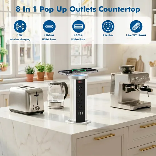 Vista 8 de BTU Toma de corriente desplegable para encimera, receptáculo con USB C y 4 salidas de CA, toma de corriente empotrada con cargador inalámbrico de 10