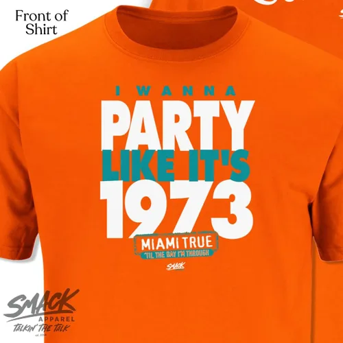 Vista 2 de Smack Apparel Camiseta naranja para fanáticos del fútbol de Miami. Someday I Wanna Party Like It's 1973 (Sm-5X)