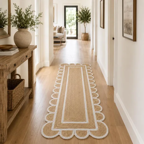 Vista 11 de Alfombra festoneada de yute natural, base natural con ribete blanco hueso, alfombra bohemia de granja hecha a mano con respaldo antideslizante