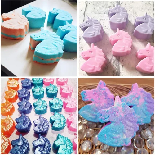 Vista 5 de Fewo Molde de silicona antiadherente con forma de unicornio de 6 cavidades, para tartas de fiesta, jabones, bombas de baño, chupitos de gelatina