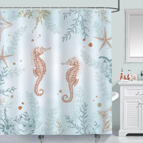 Vista 10 de Bonhause - Cortina para ducha de medusa, cortina de baño de tortuga azul teja y mar azulado, diseño costero de playa, de 72 x 72 pulgadas