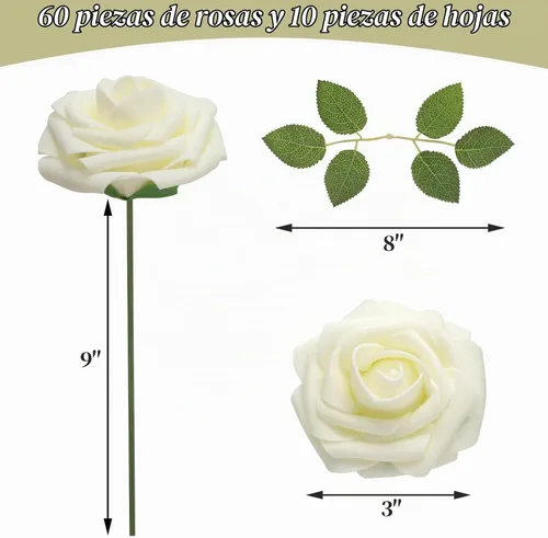 Vista 2 de DerBlue 60 rosas artificiales de aspecto real, rosas artificiales de espuma para decoración de bodas, arreglos, fiestas, decoración del hogar Blanco