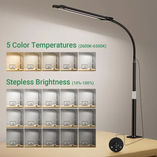 Vista 3 de LED Desk Lamp with Clamp, 23.5-31.5 Inches, Black 24W, 75 Lighting Modes, Flexible Neck Design, Telescopic Height, For Home Office Study Work