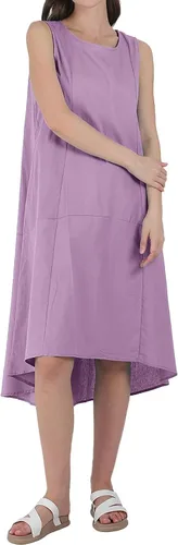 Vista 6 de utcoco Vestido casual de lino y algodón para mujer, cuello redondo, sin mangas, vestido midi para mujer
