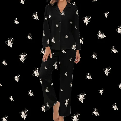 Vista 4 de BAIKUTOUAN Border Collie - Conjunto de pijama de manga larga con botones para mujer