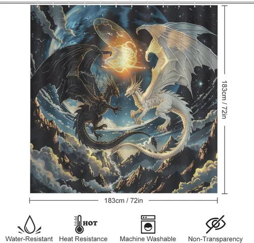 Vista 2 de Juego de 4 cortinas de ducha con diseño de dragón y luna de fantasía, juego de decoración de baño con alfombras, tapete de baño, cortina de ducha