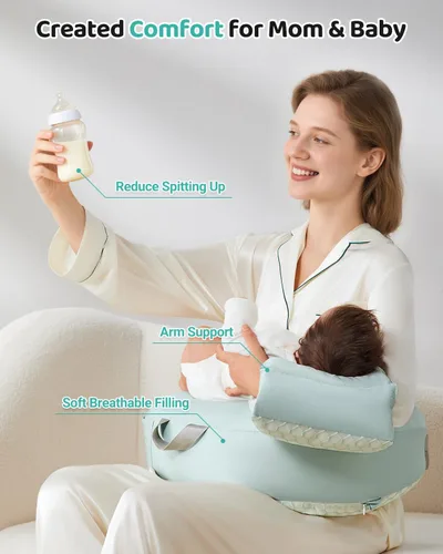 Vista 8 de Almohada de lactancia para lactancia materna, almohada de alimentación desmontable 3 en 1 con cojines de apoyo extraíbles, elevación suave para Verde