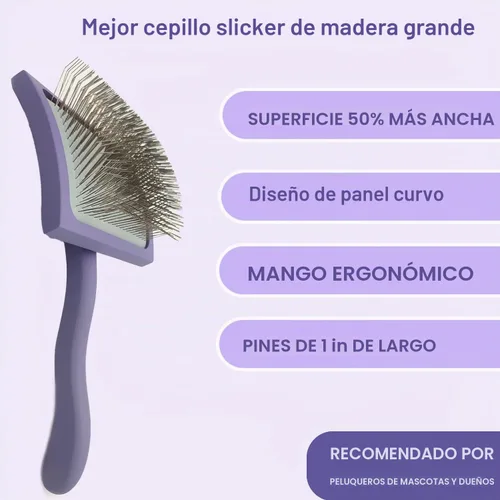 Vista 3 de Slicker - Cepillo ergonómico con mango de madera para caniches, Goldendoodles y otros perros de pelo largo (morado)