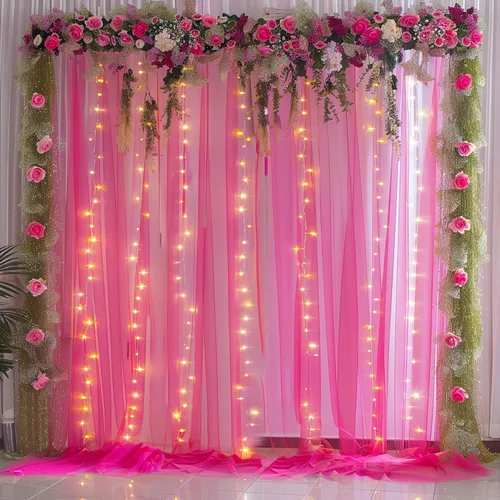 Vista 25 de Cortina de telón de fondo de tul azul bebé de 10 x 8 pies con cadena de luces para fiestas, cortinas de fondo transparentes para bodas, baby shower